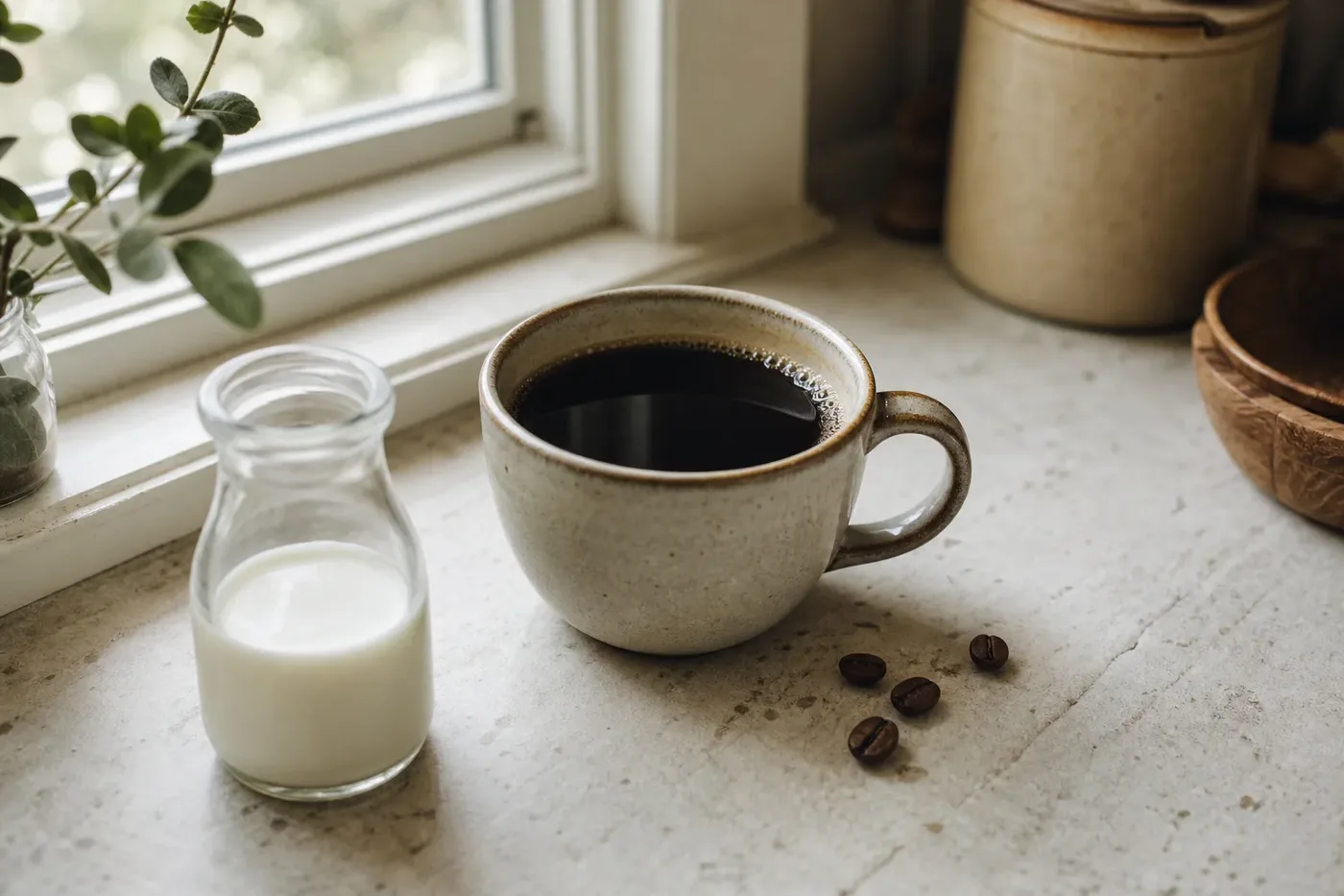 A cup of black coffee next to a small jug of milk and scattered coffee beans on a stone counter.