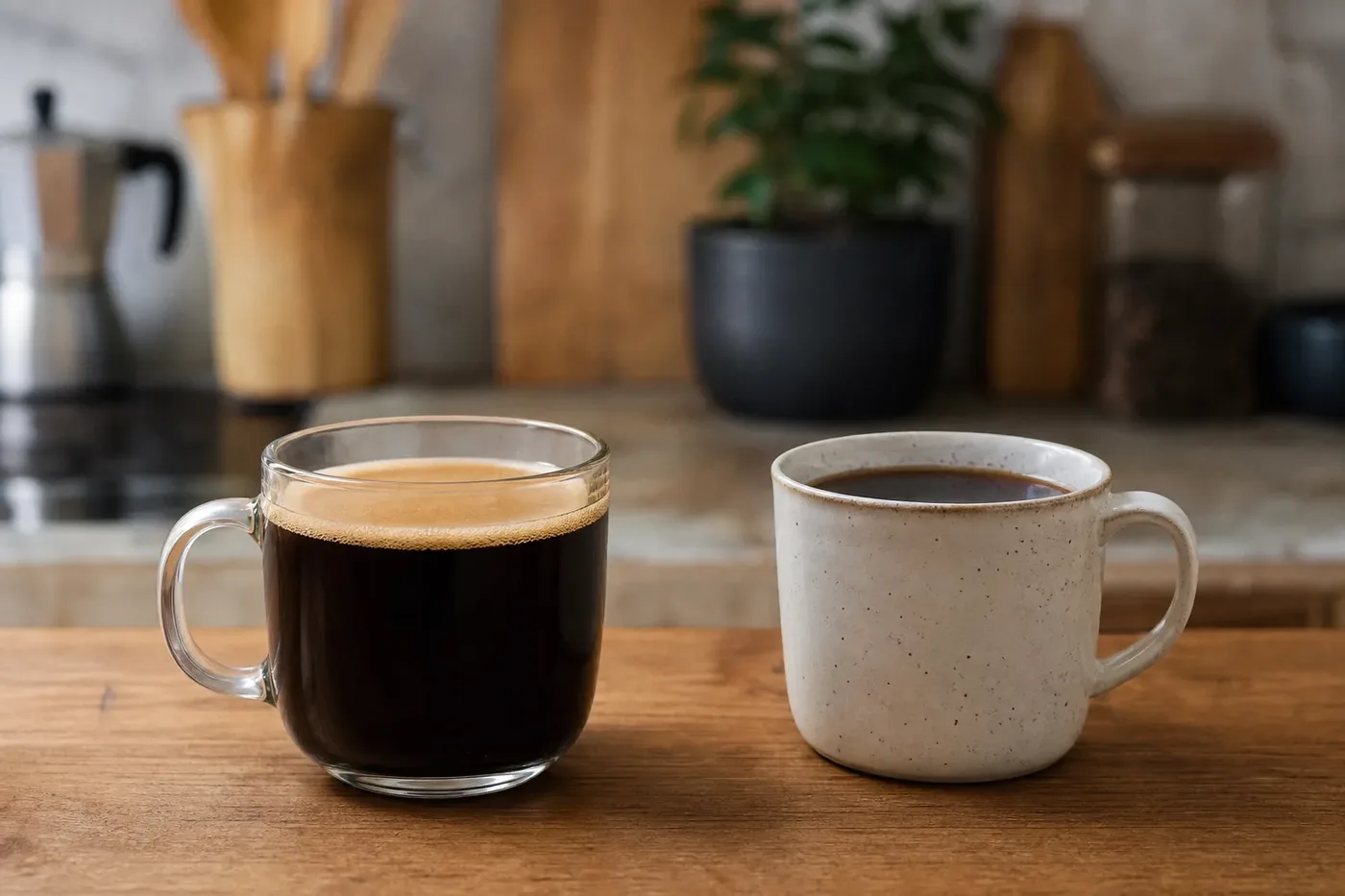 An americano with crema beside a mug of drip filter coffee