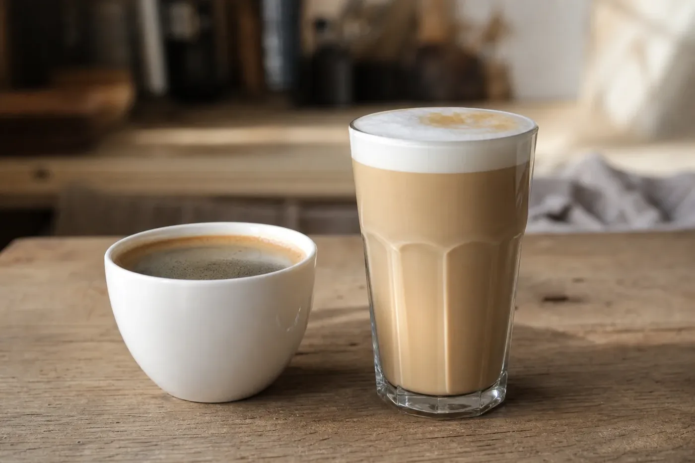 A black americano in a white cup next to a milky latte in a tall glass