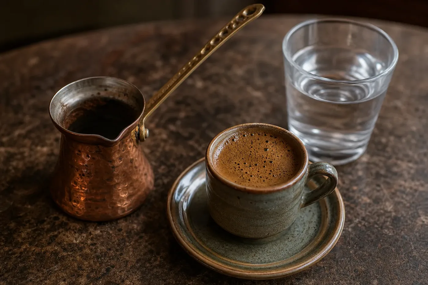 A copper cezve beside a small cup of dark Turkish coffee with foam and a glass of water