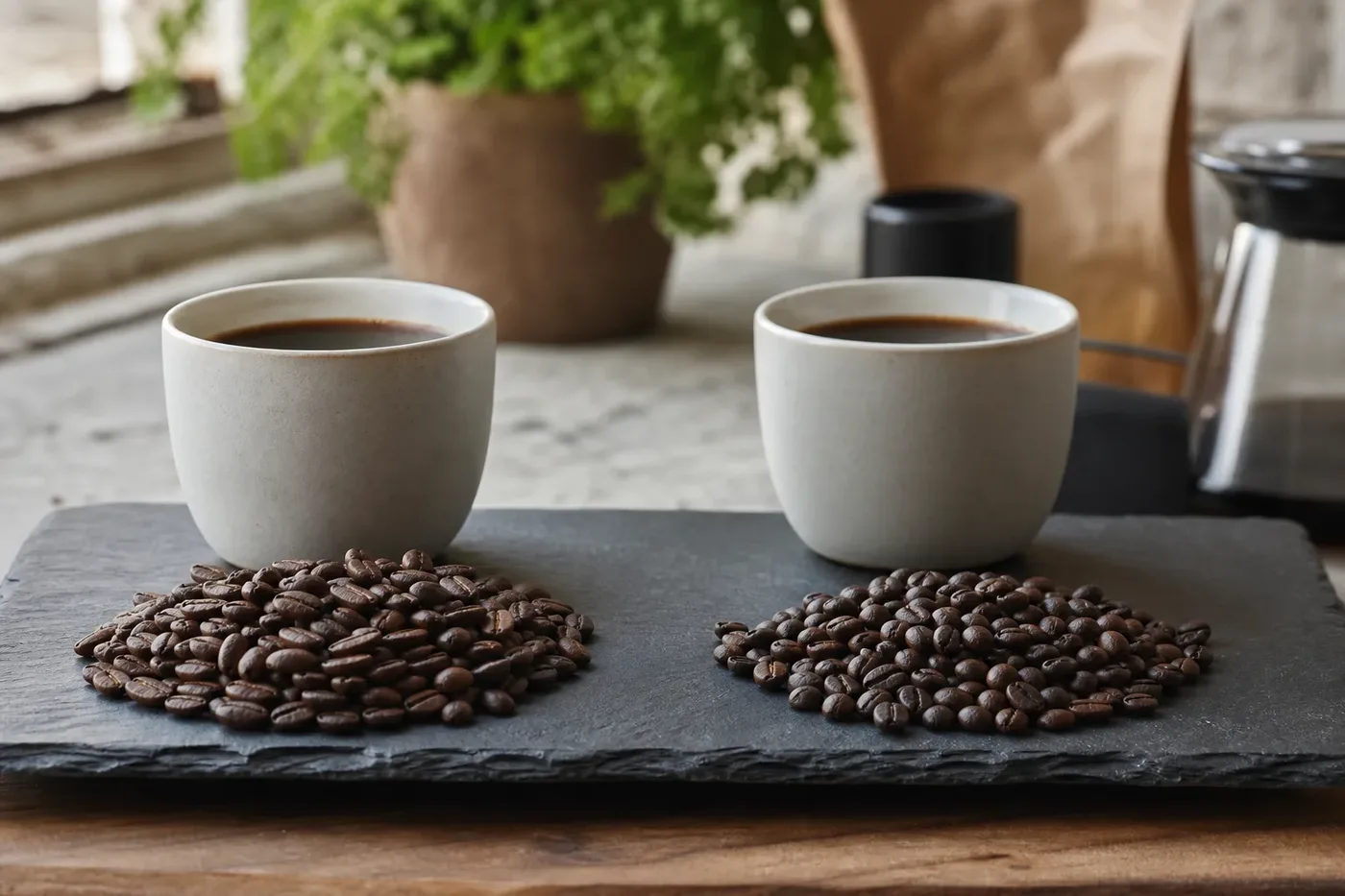 Roasted arabica and robusta beans side by side with a cup of each