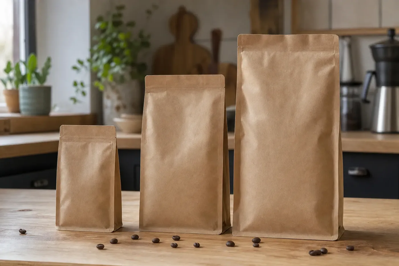 Three plain coffee bags of different sizes in a row on a kitchen worktop