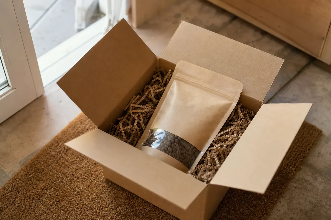 An opened delivery box on a doormat with a bag of coffee beans inside