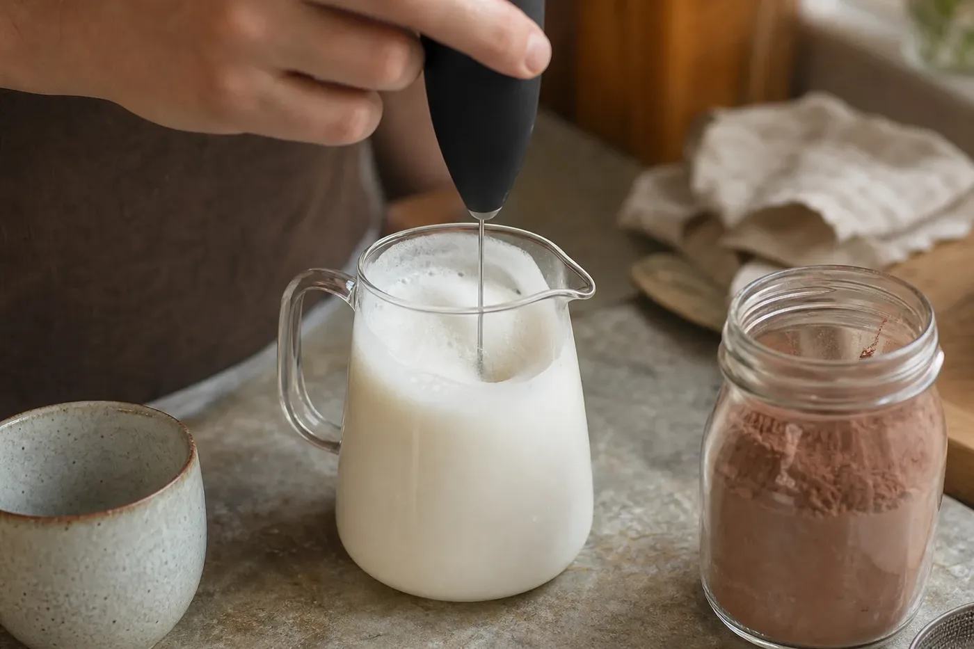Warm milk being frothed with a handheld frother to make a babyccino at home