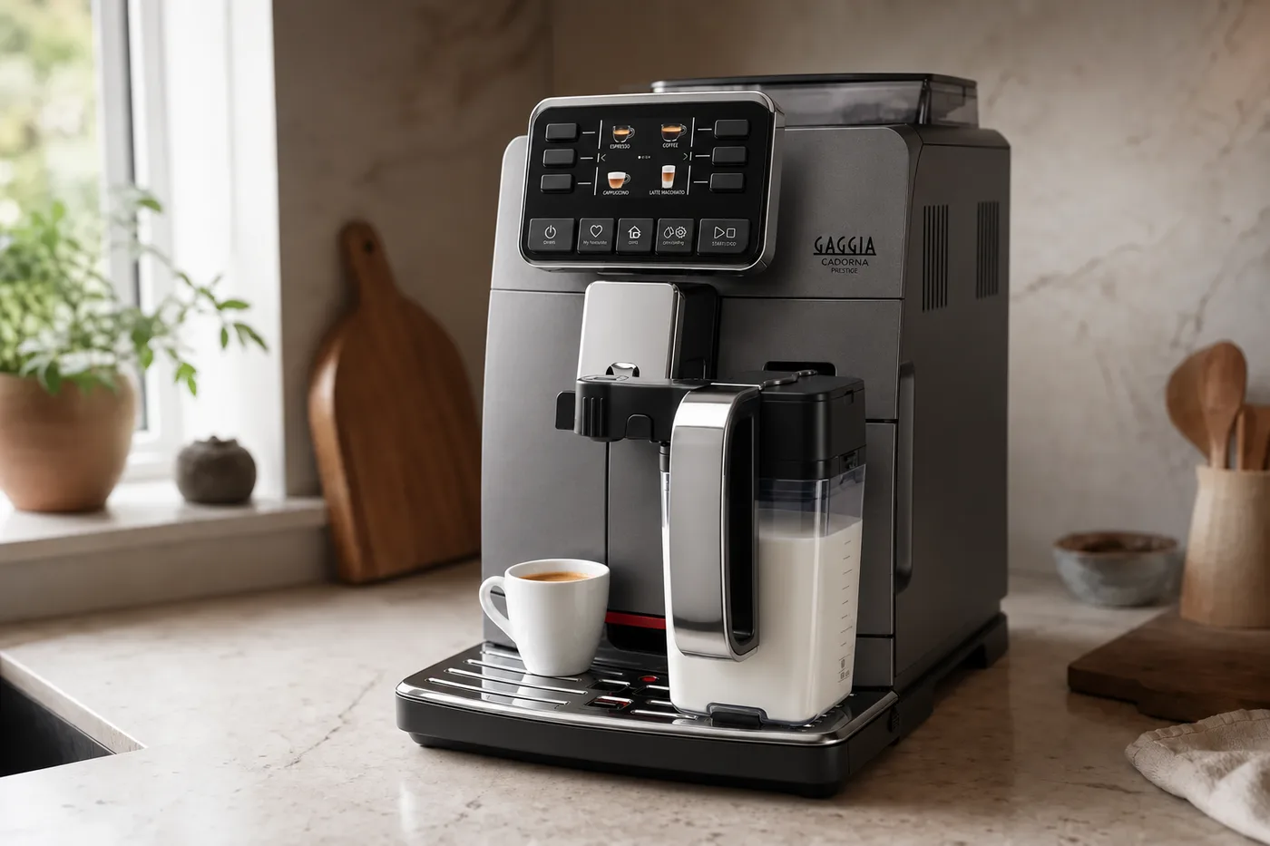 A bean-to-cup machine with a touchscreen and milk jug on a kitchen counter, a cup of black coffee under the spout