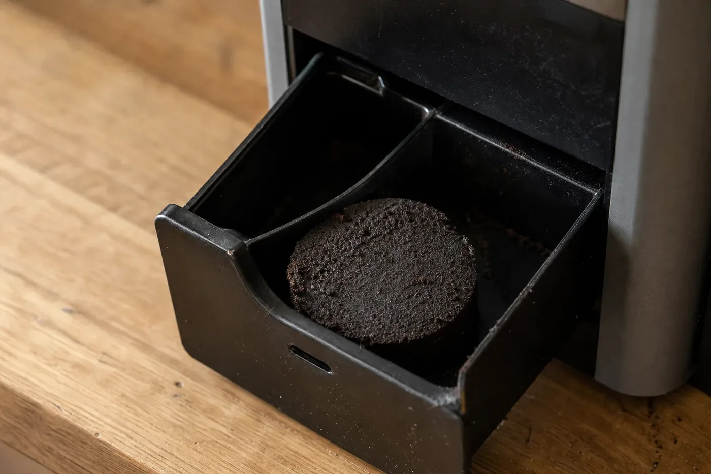 A compressed disc of spent coffee grounds in a machine's open waste drawer