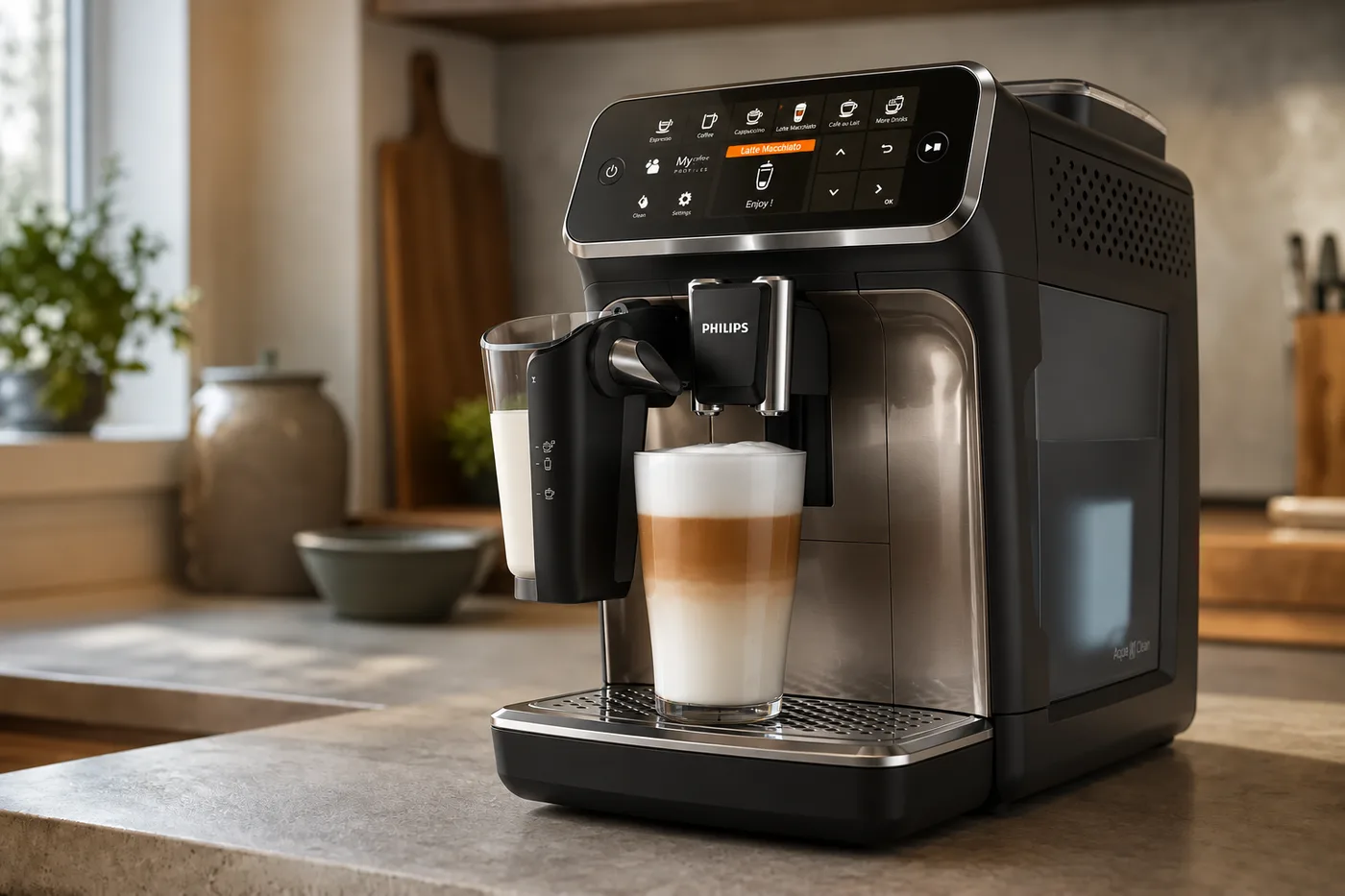 A bean-to-cup machine with its milk system fitted, a layered latte macchiato in the glass