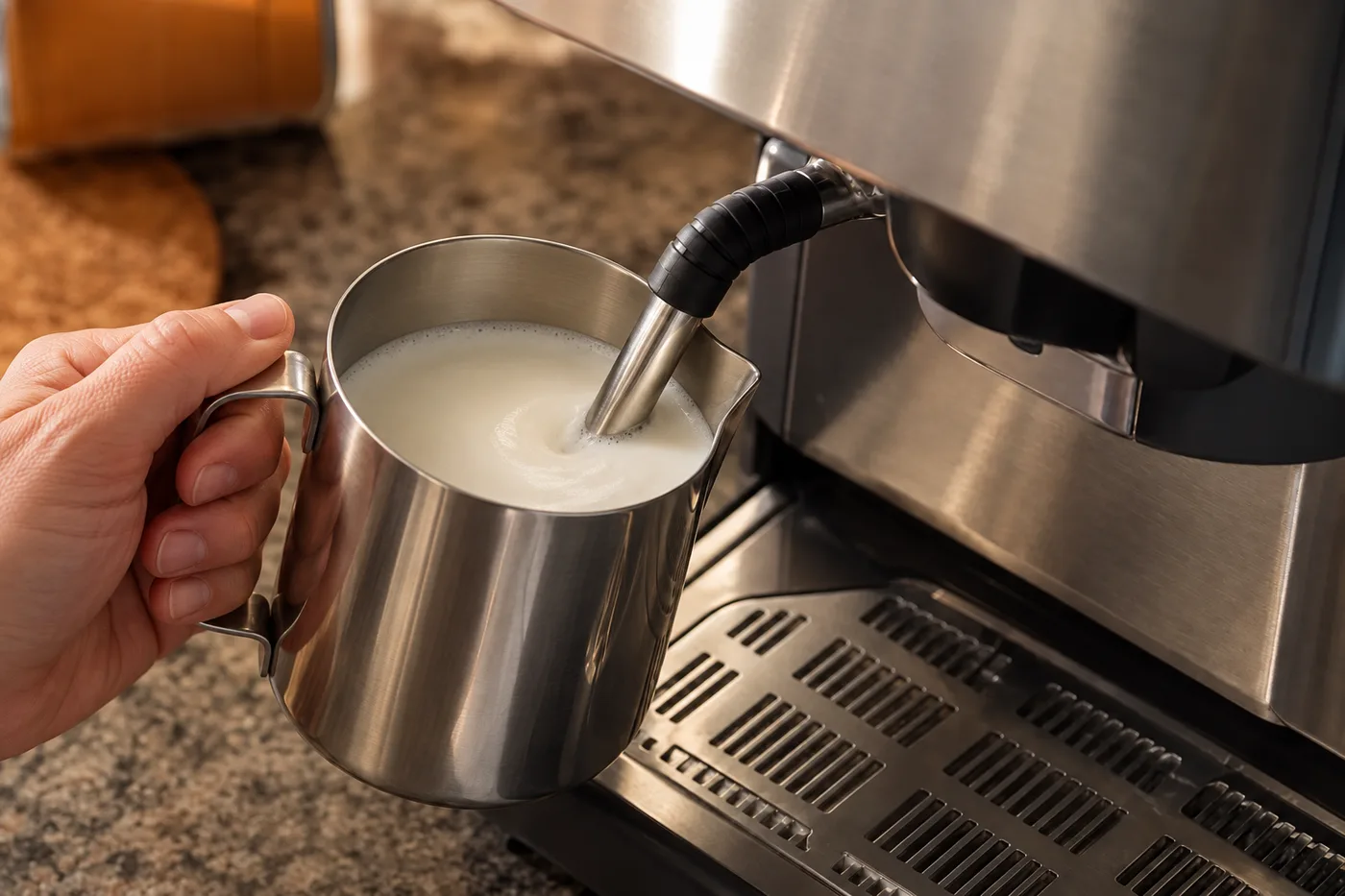 A steel jug held under a steam wand with the milk foaming
