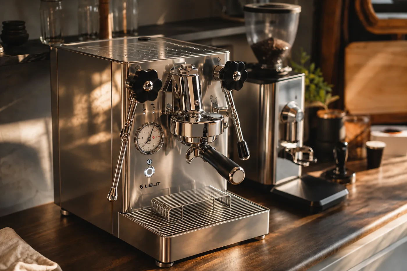 A stainless steel espresso machine with pressure gauges beside a separate burr grinder