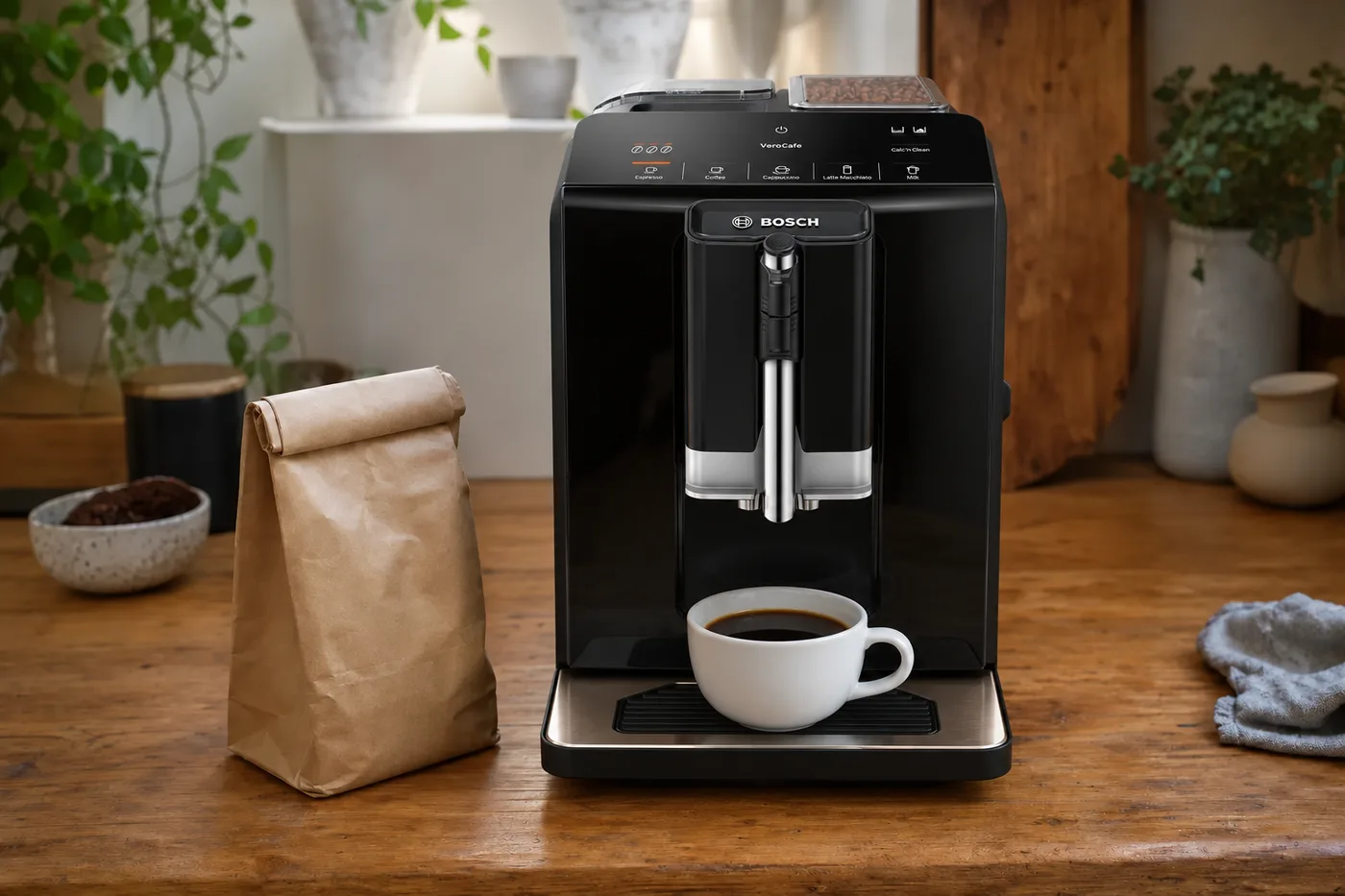A black bean-to-cup machine with a finished cup of coffee and a kraft bag of beans beside it