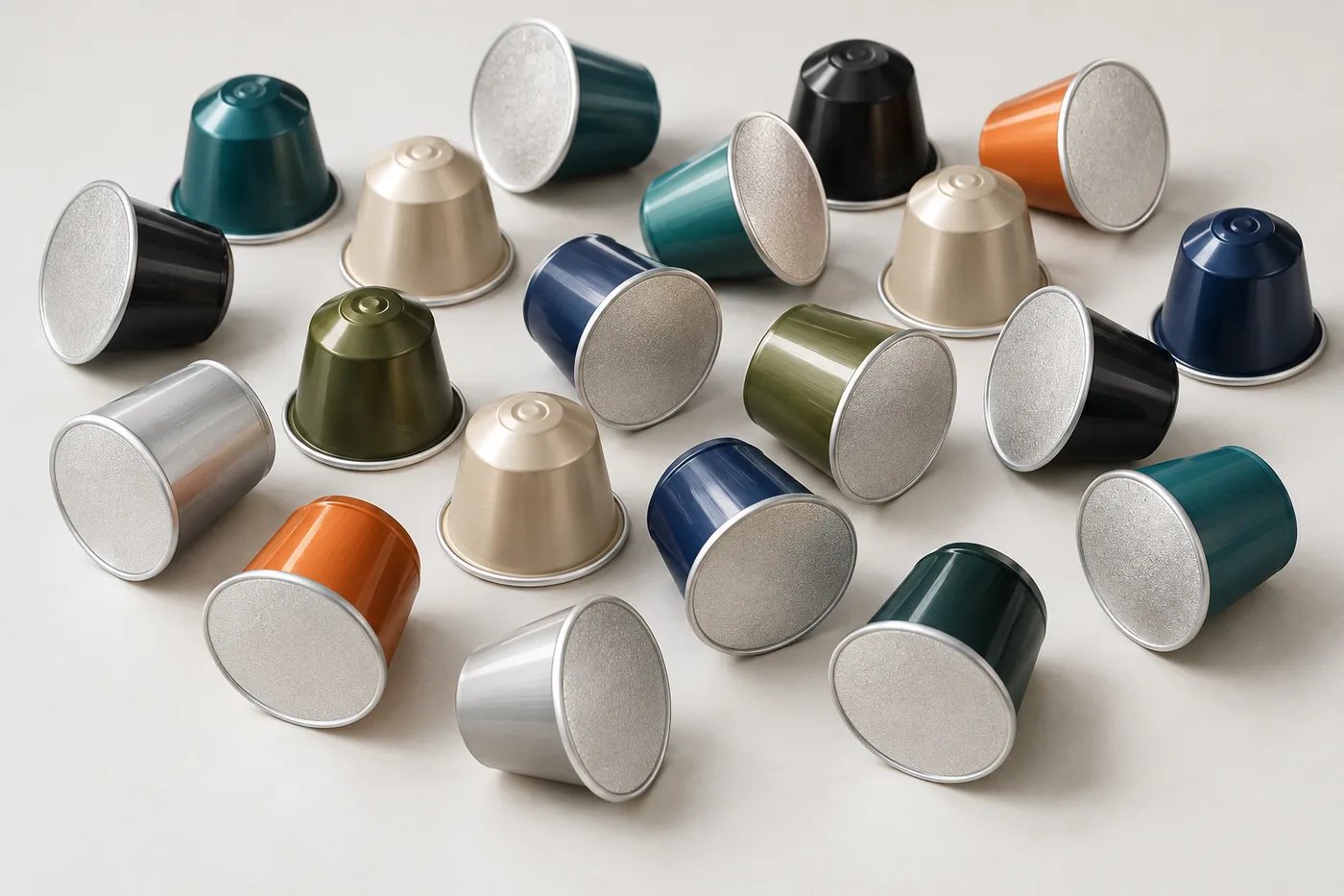 Aluminium coffee capsules in assorted colours scattered on a white surface