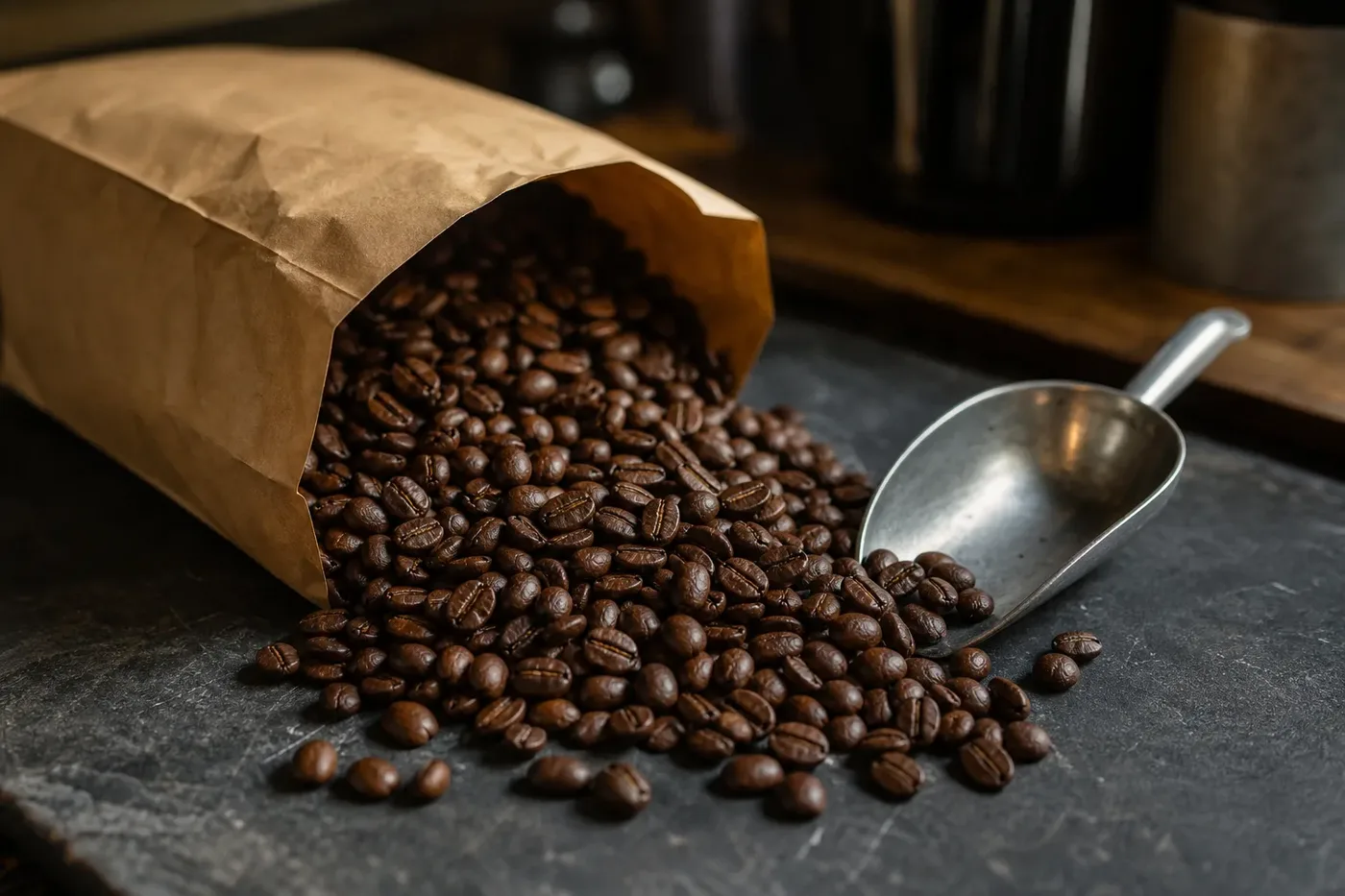 Whole roasted beans spilling from an unmarked kraft bag beside a metal scoop