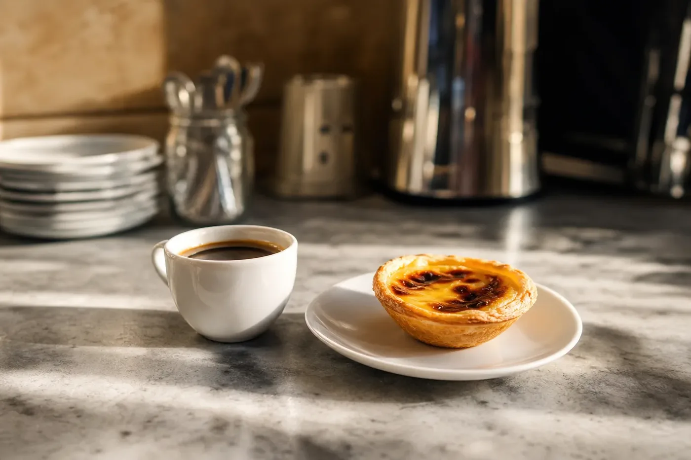A bica espresso served with a custard tart on a marble counter