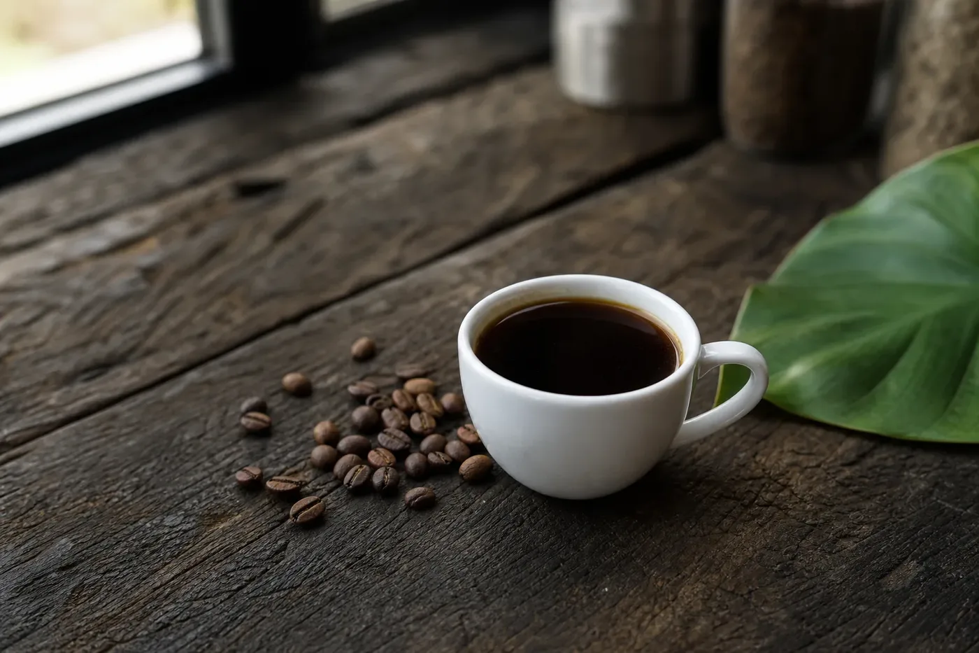 A small white cup of black coffee with roasted beans scattered on a dark wooden table