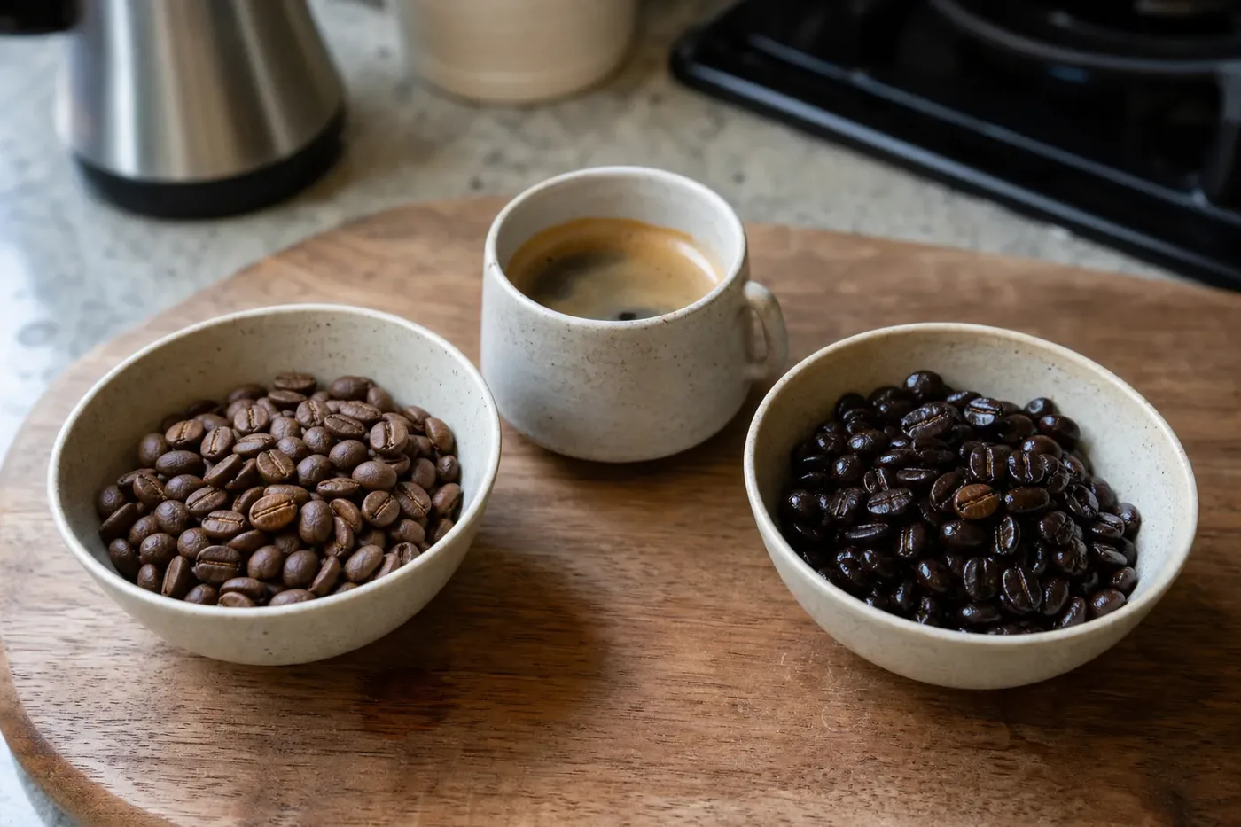 Light roast and dark roast coffee beans side by side with an espresso cup