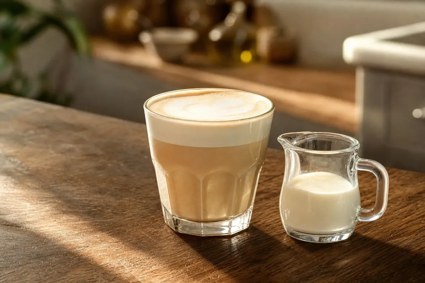 A rich breve latte in a glass beside a small jug of cream