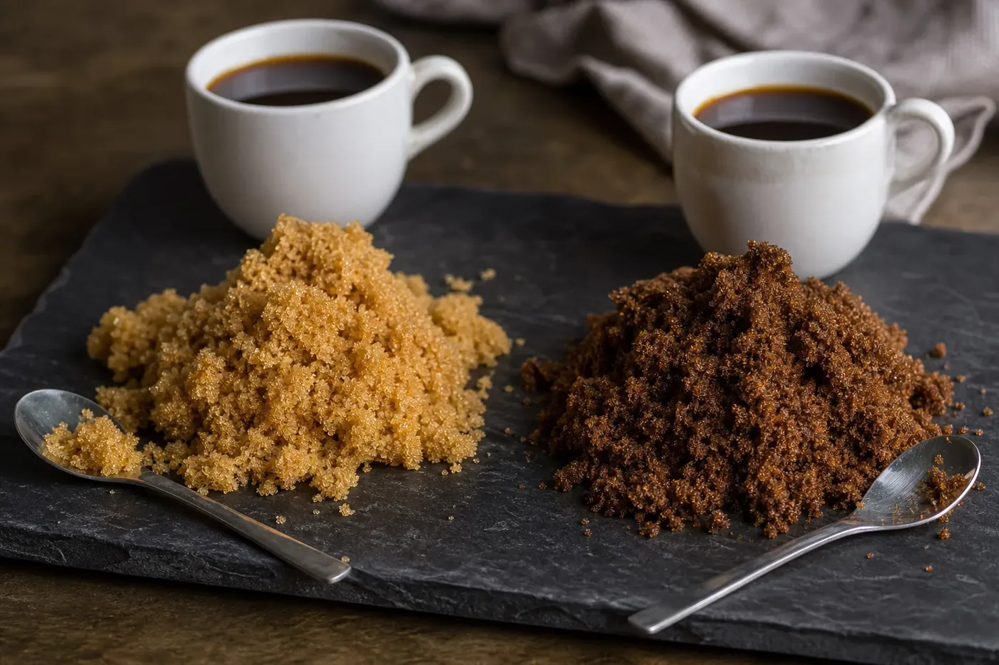 A heap of light brown sugar beside a heap of darker brown sugar