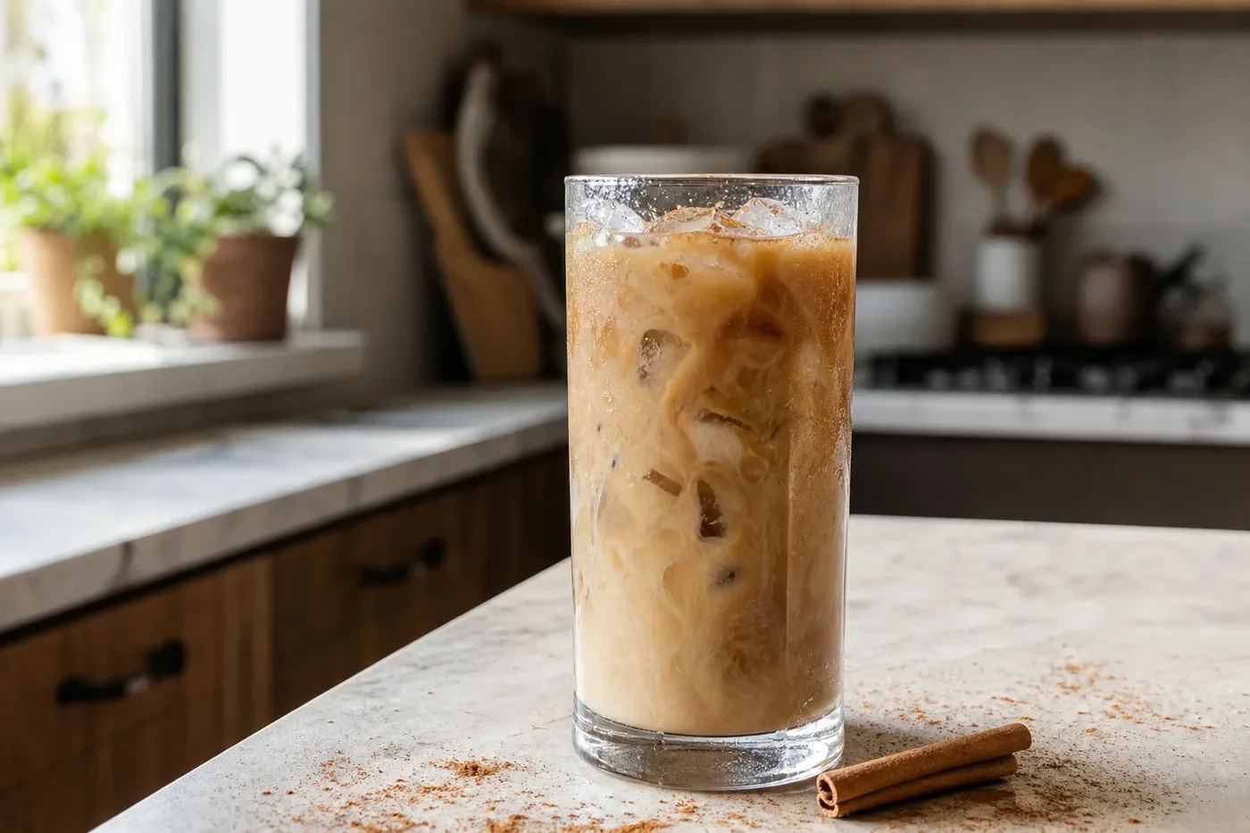 A shaken iced coffee with milk and cinnamon over ice