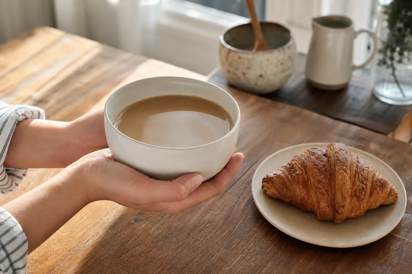 Cafe au lait served in a wide bowl beside a croissant on a breakfast table