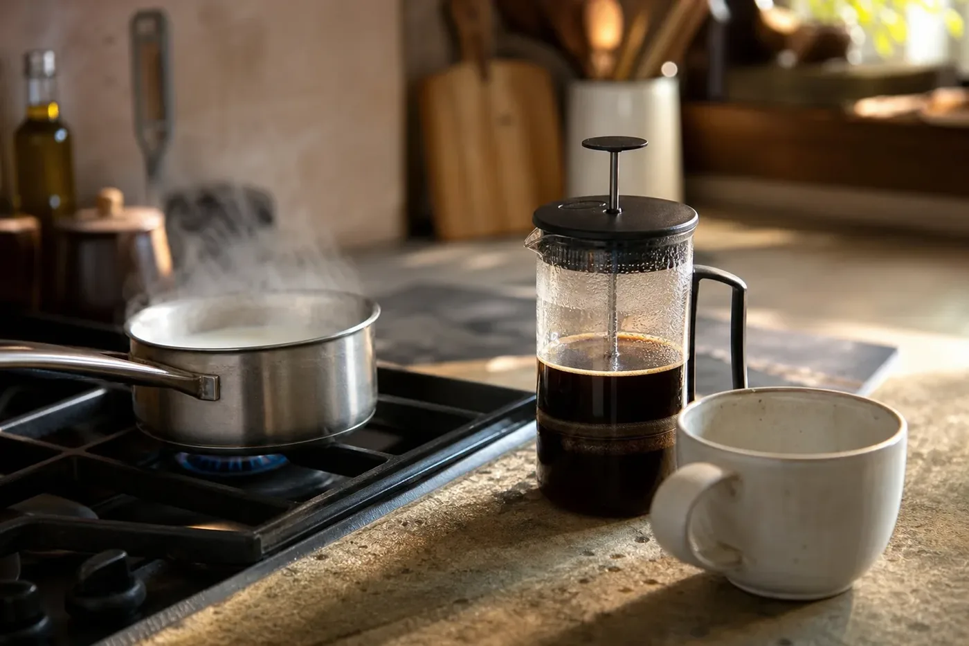 Hot milk in a saucepan next to a French press of coffee for making cafe au lait