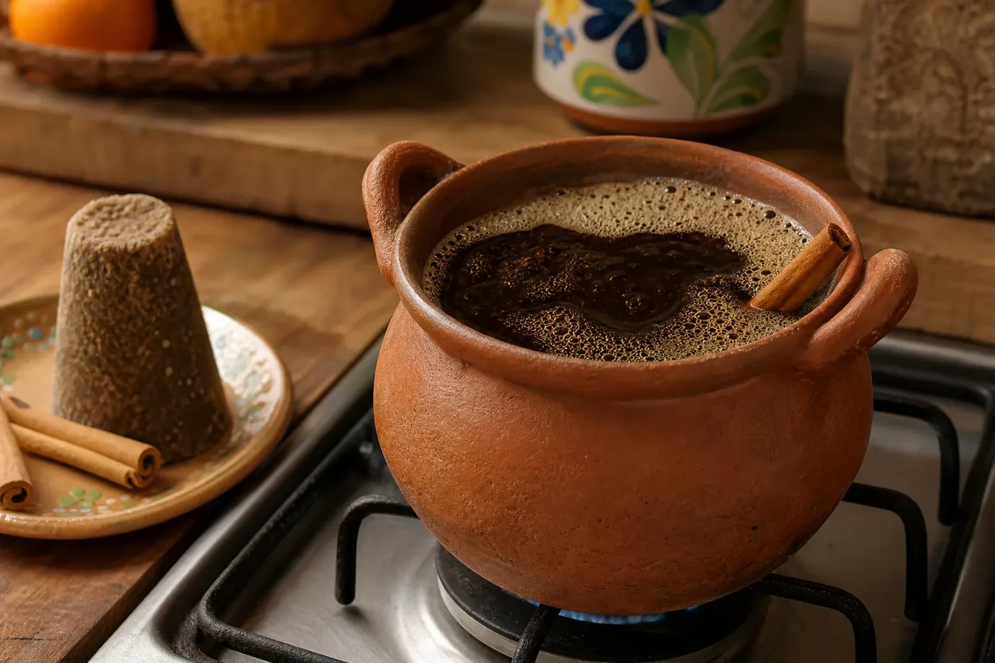 Cafe de olla simmering in a clay pot with cinnamon and a cone of piloncillo