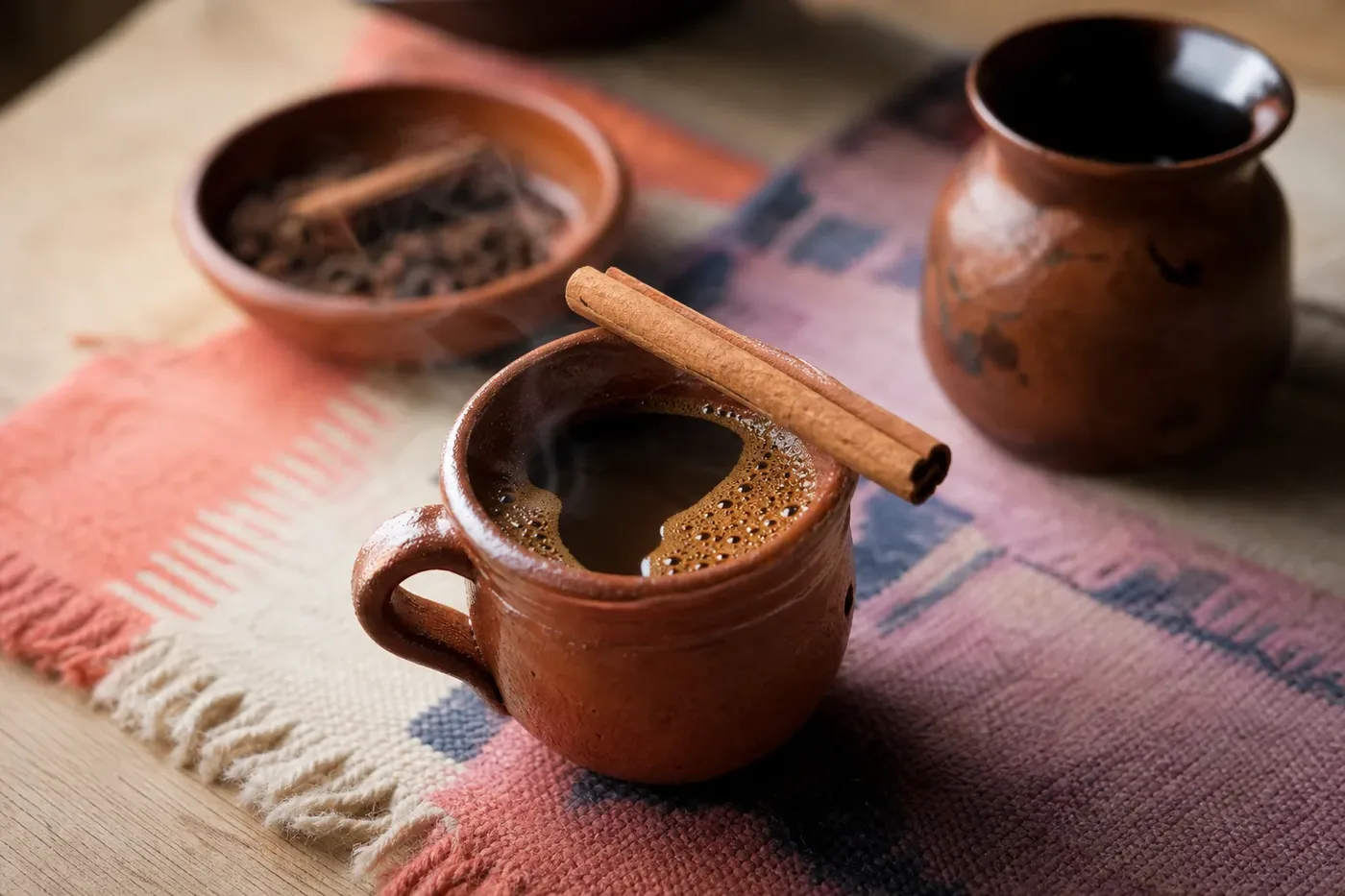 Spiced cafe de olla in a clay mug with a cinnamon stick
