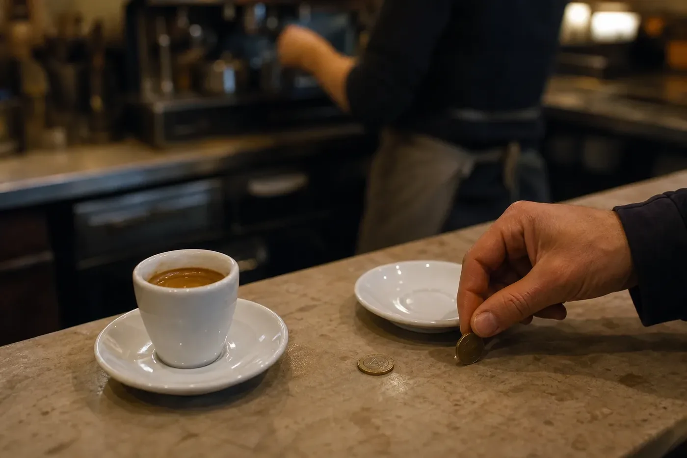 A customer leaving money on a bar counter for a suspended coffee beside an espresso