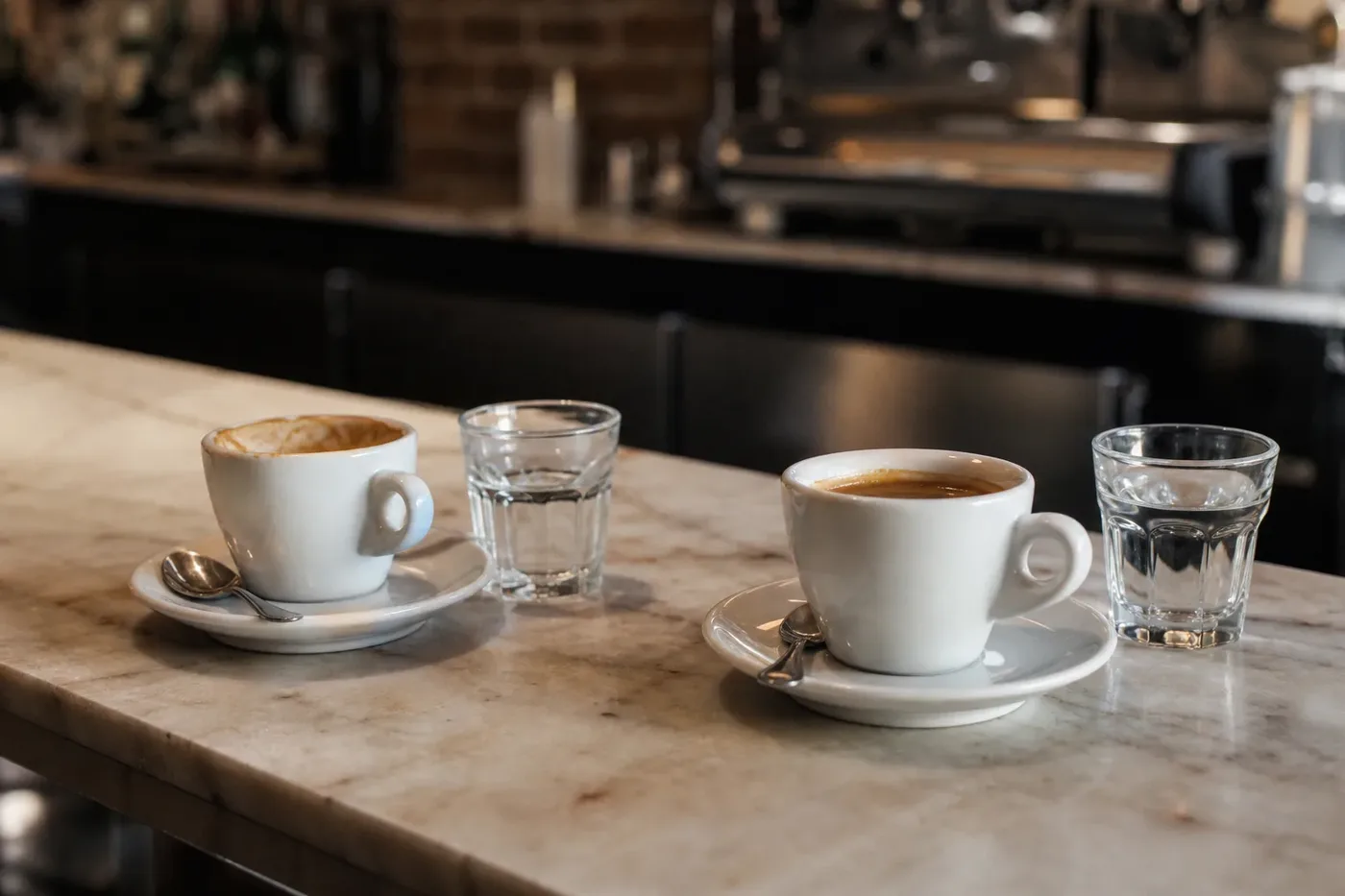 Two espressos on a marble bar counter in an Italian coffee bar
