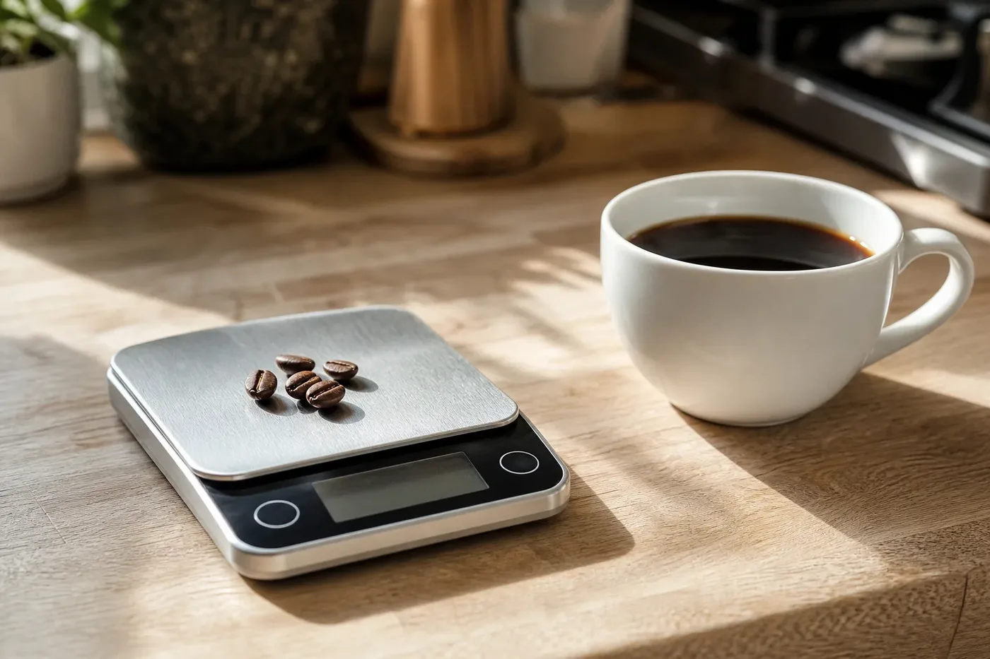 A few roasted coffee beans on a small kitchen scale beside a cup of black coffee