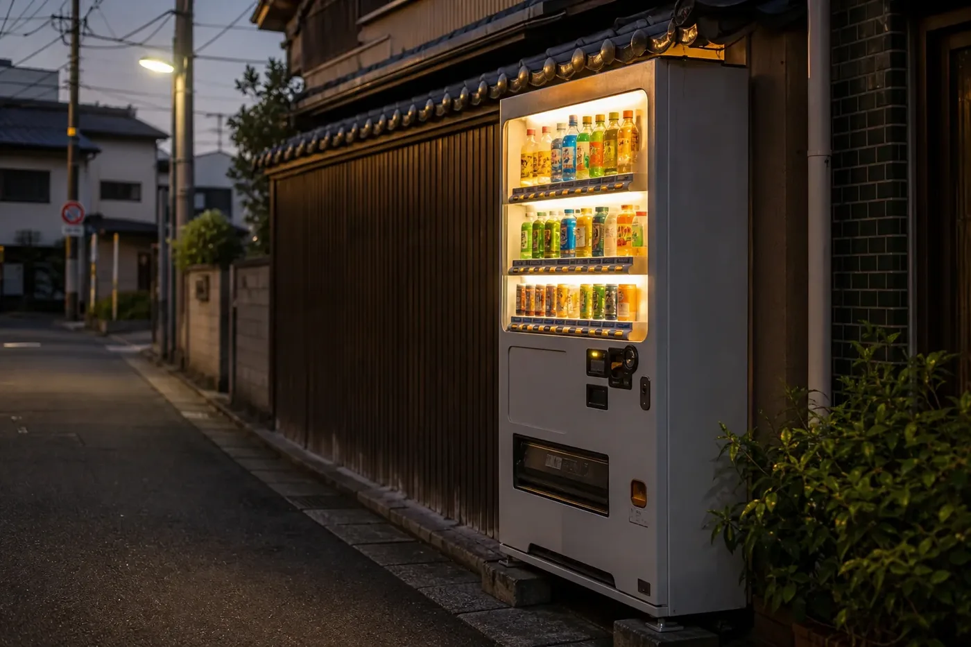 A street vending machine in Japan lit up at dusk, stocked with bottled and canned drinks