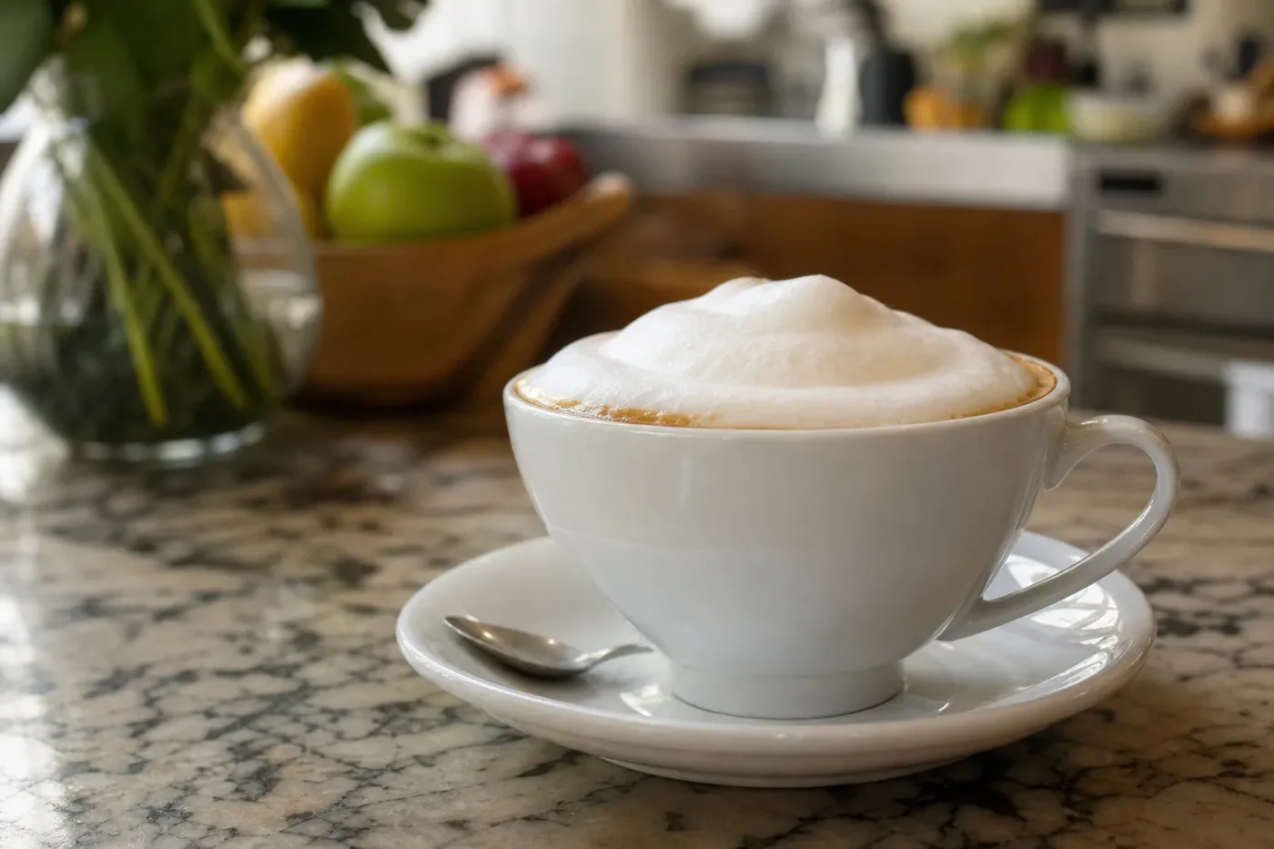 A classic cappuccino with a deep dome of milk foam in a white cup