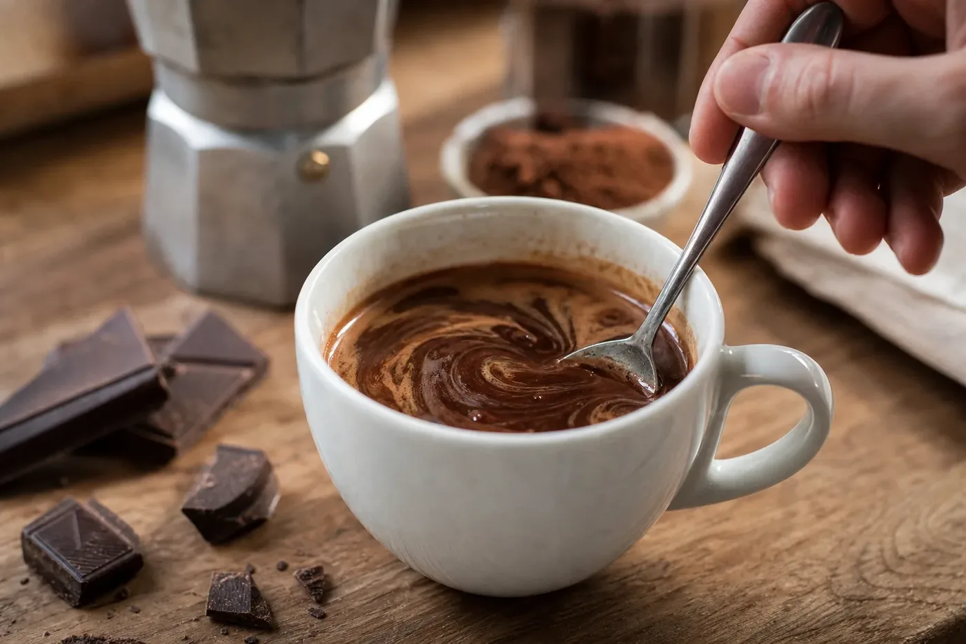 Dark chocolate melting into a hot espresso as the base for a mocha