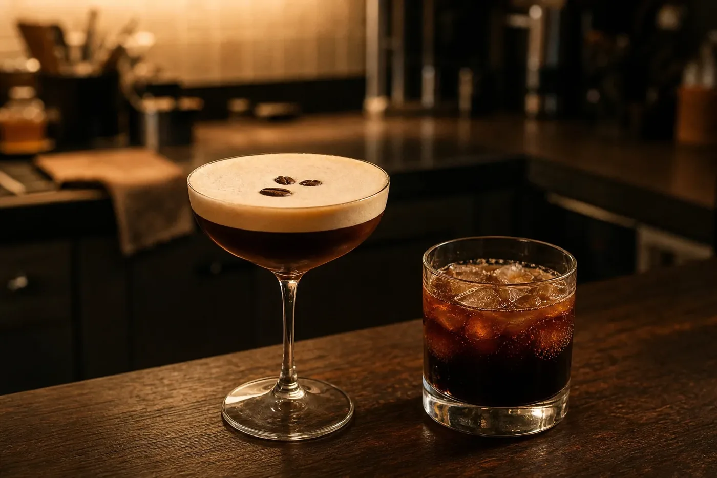 An espresso martini with foam and coffee beans next to a carajillo on a bar