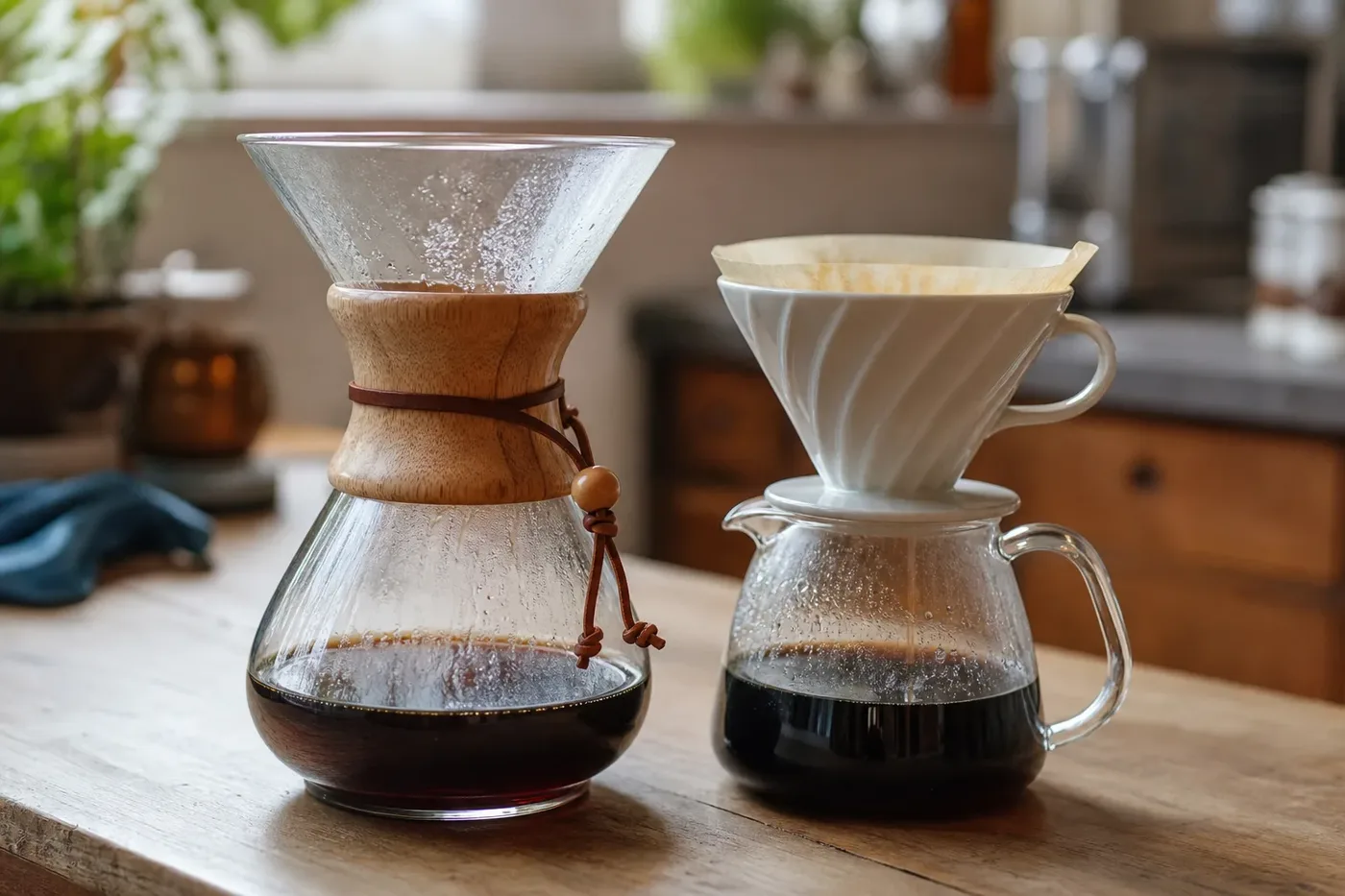 An hourglass glass pour over brewer beside a ribbed cone dripper