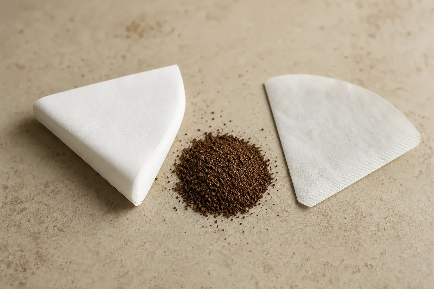 A thick folded pour over filter beside a thinner cone filter, with ground coffee between them