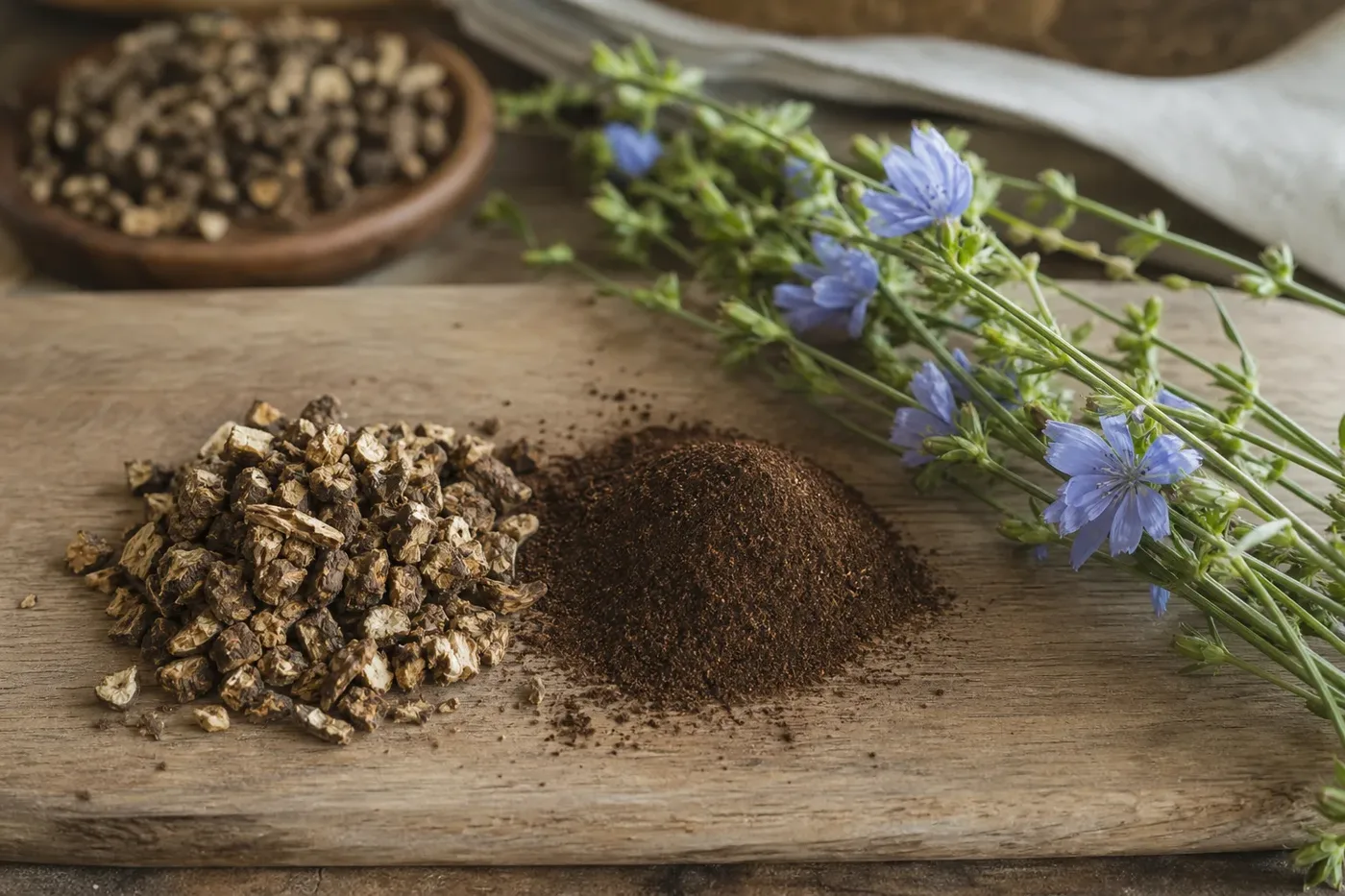 Roasted chicory root pieces and ground chicory beside a flowering chicory plant