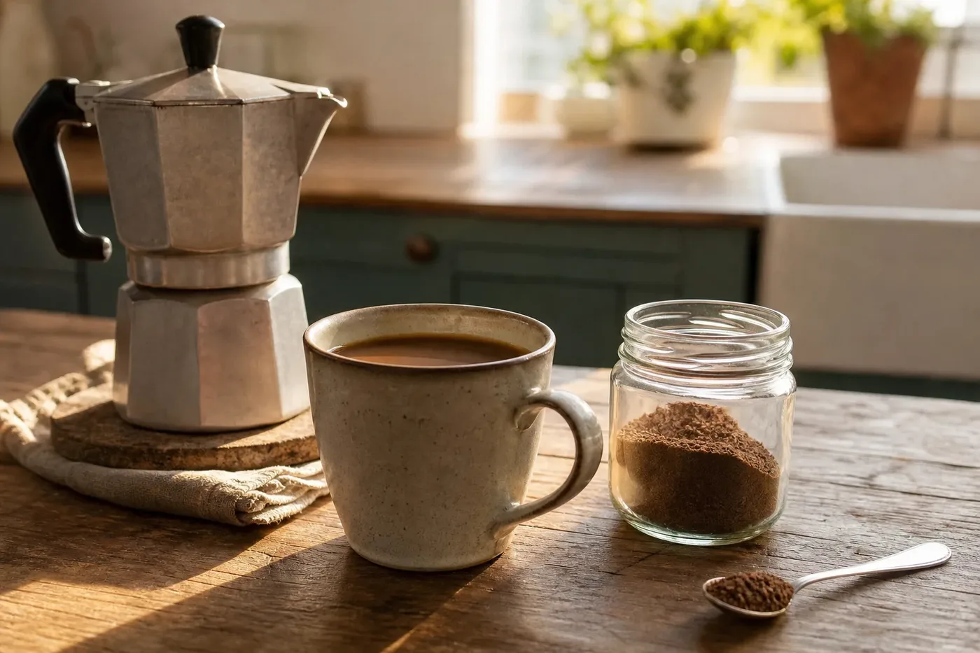 A mug of chicory coffee next to a jar of ground chicory root