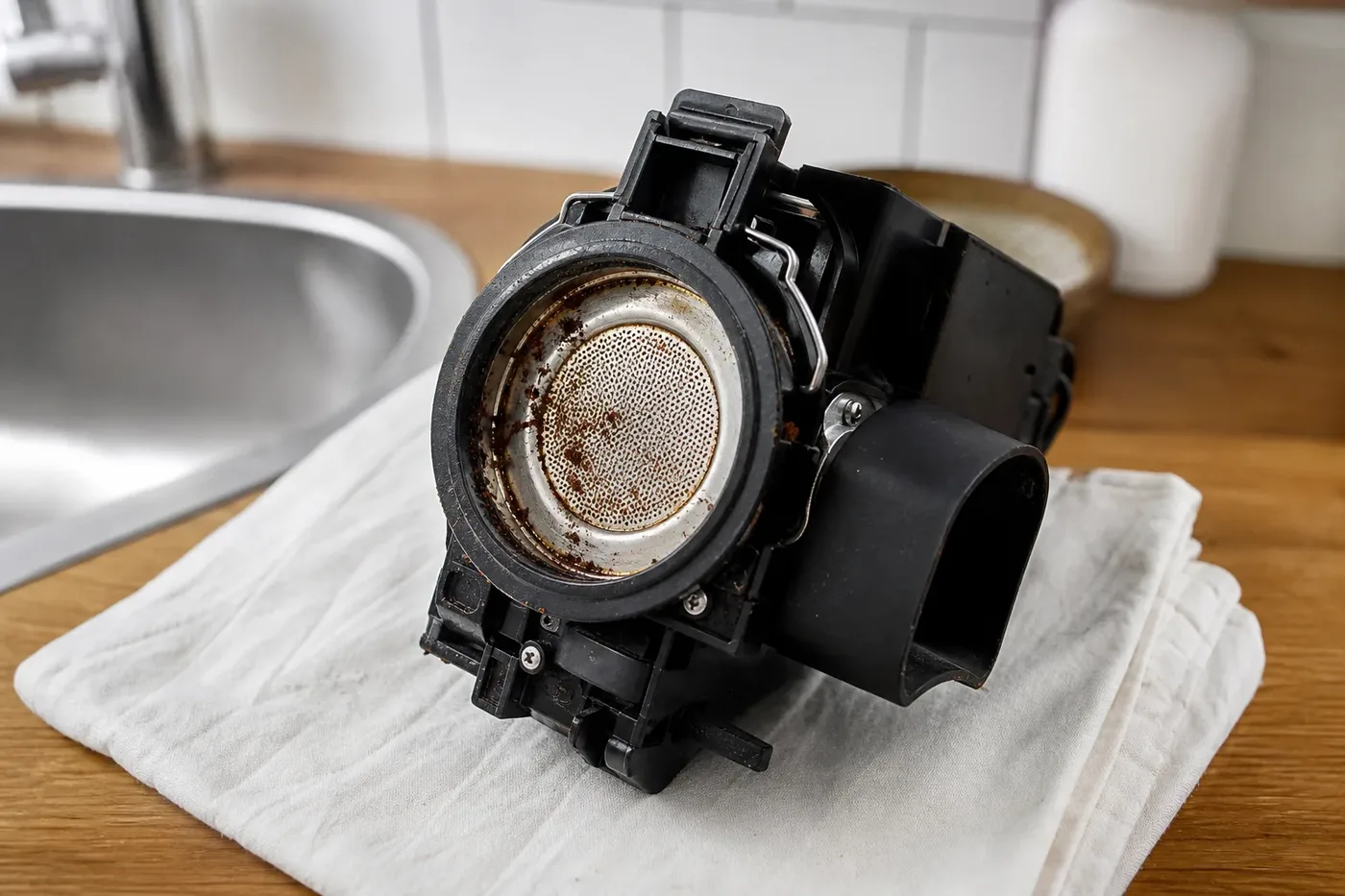 A removable brew group resting on a cloth beside a sink with coffee grounds still on it