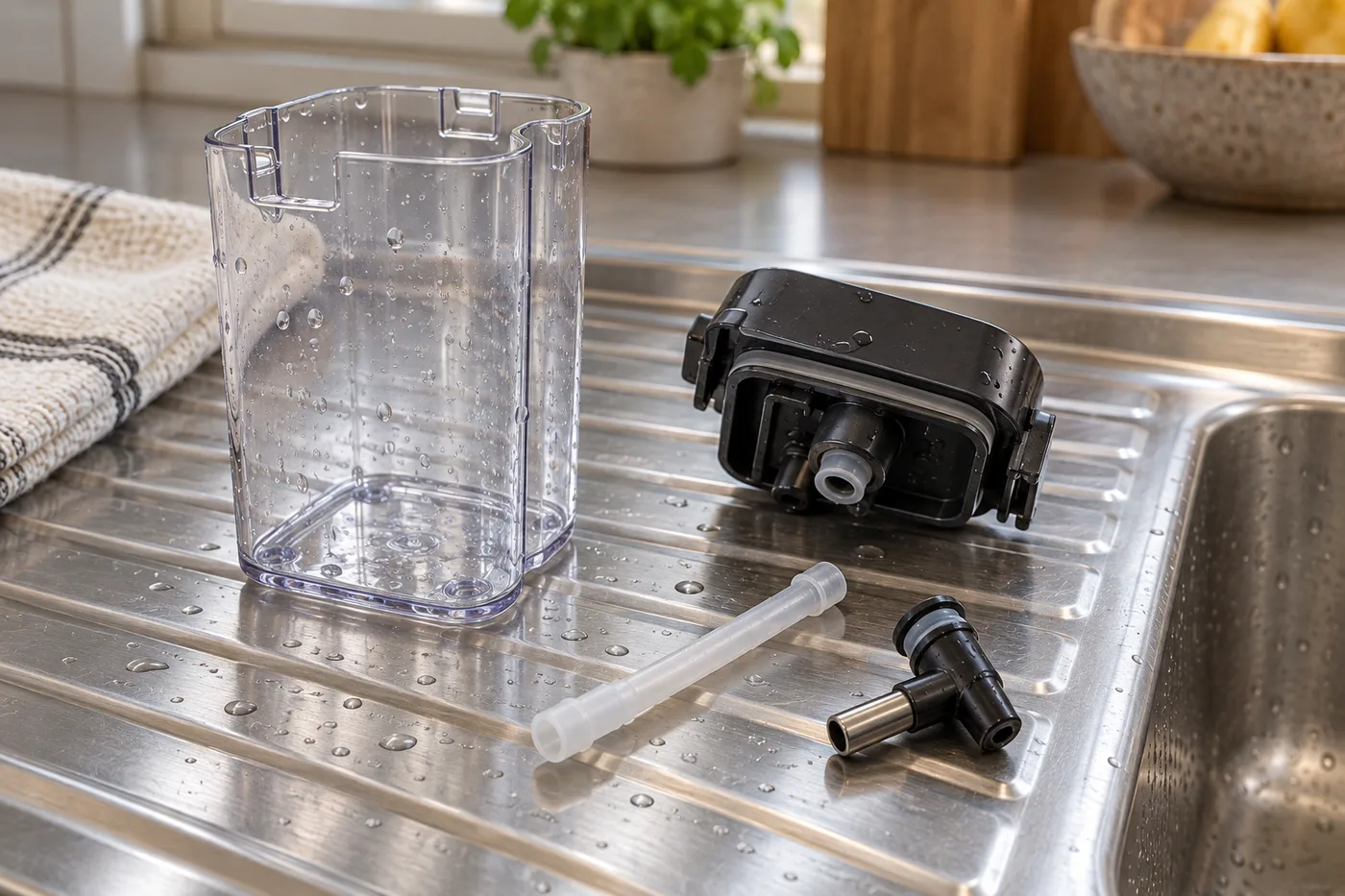 A milk carafe taken apart on a draining board: the clear jug, the lid with its frothing head, the intake tube and the spout