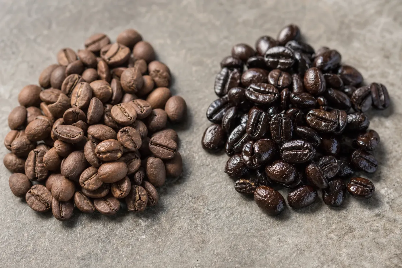Matte medium roast beans beside very dark beans with a visible oily sheen