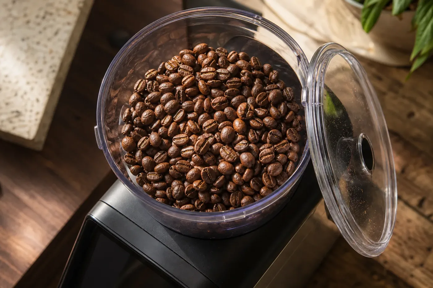 Daylight falling into a clear bean hopper filled with roasted coffee beans