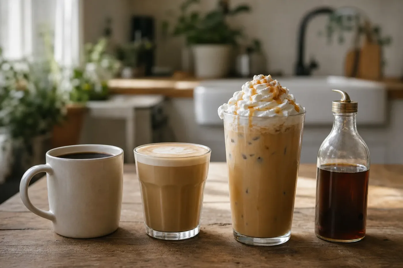 Black coffee, a latte and a whipped cream iced coffee showing how additions change calories