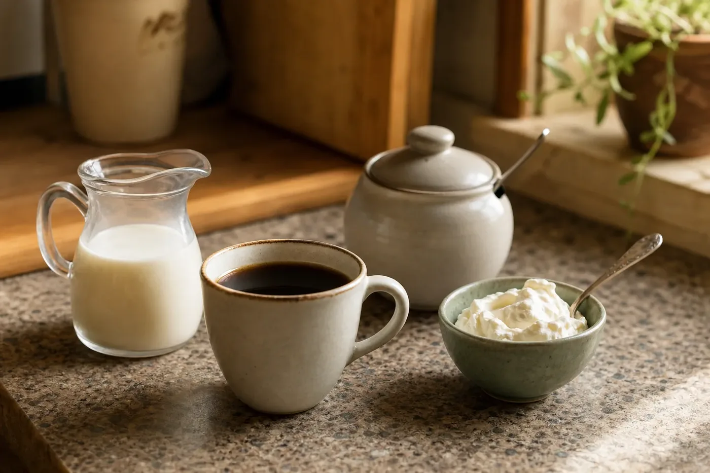 A cup of black coffee surrounded by milk, sugar and cream