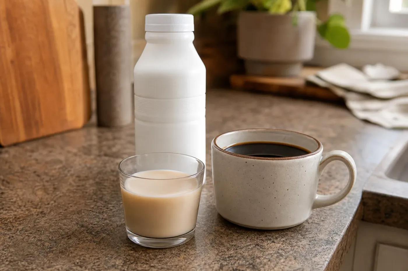 A small glass of coffee creamer beside a cup of black coffee