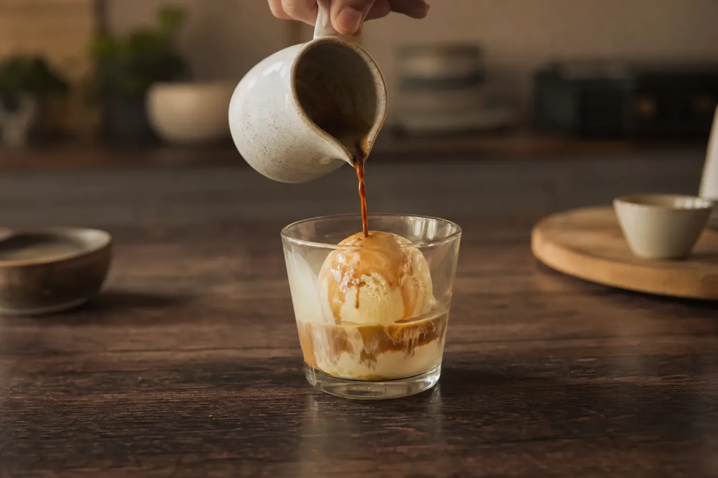 Espresso poured over vanilla ice cream to make an affogato