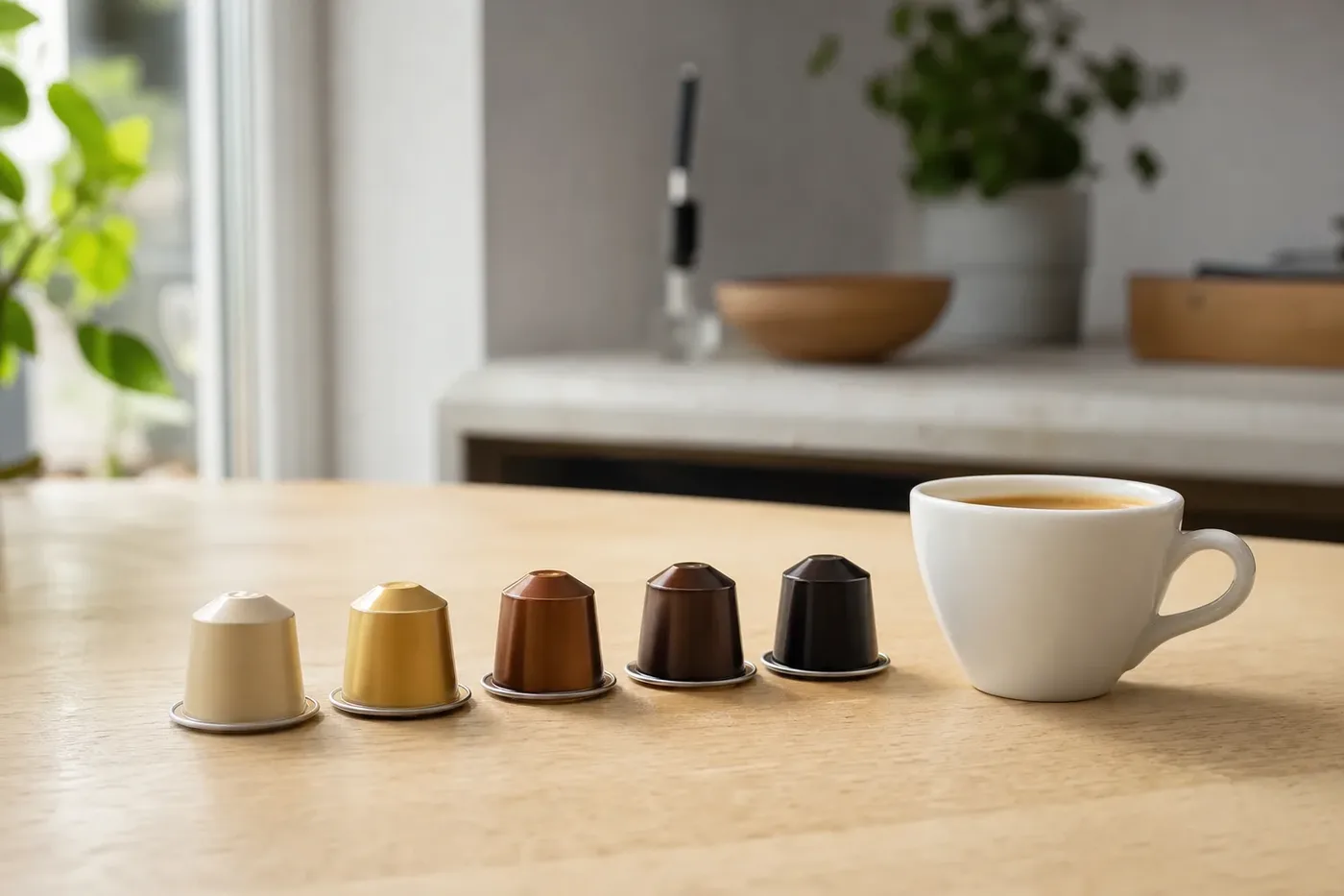 Coffee capsules arranged from light to dark beside a small cup of espresso on a wooden table