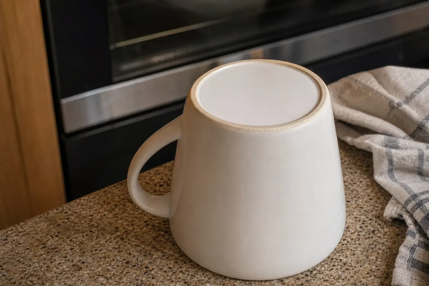 A ceramic mug turned upside down to check its base before using it in the oven
