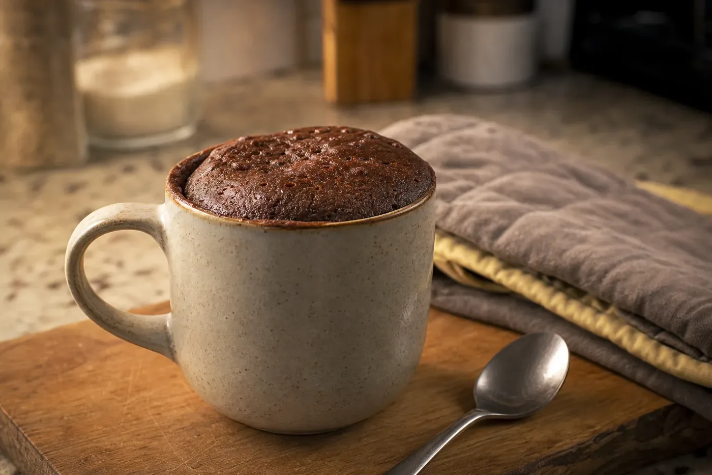 A mug cake baked in a stoneware mug next to oven gloves