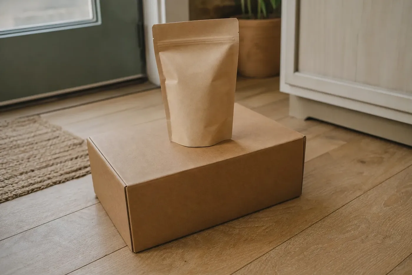 A small sample bag of coffee on top of a delivery box