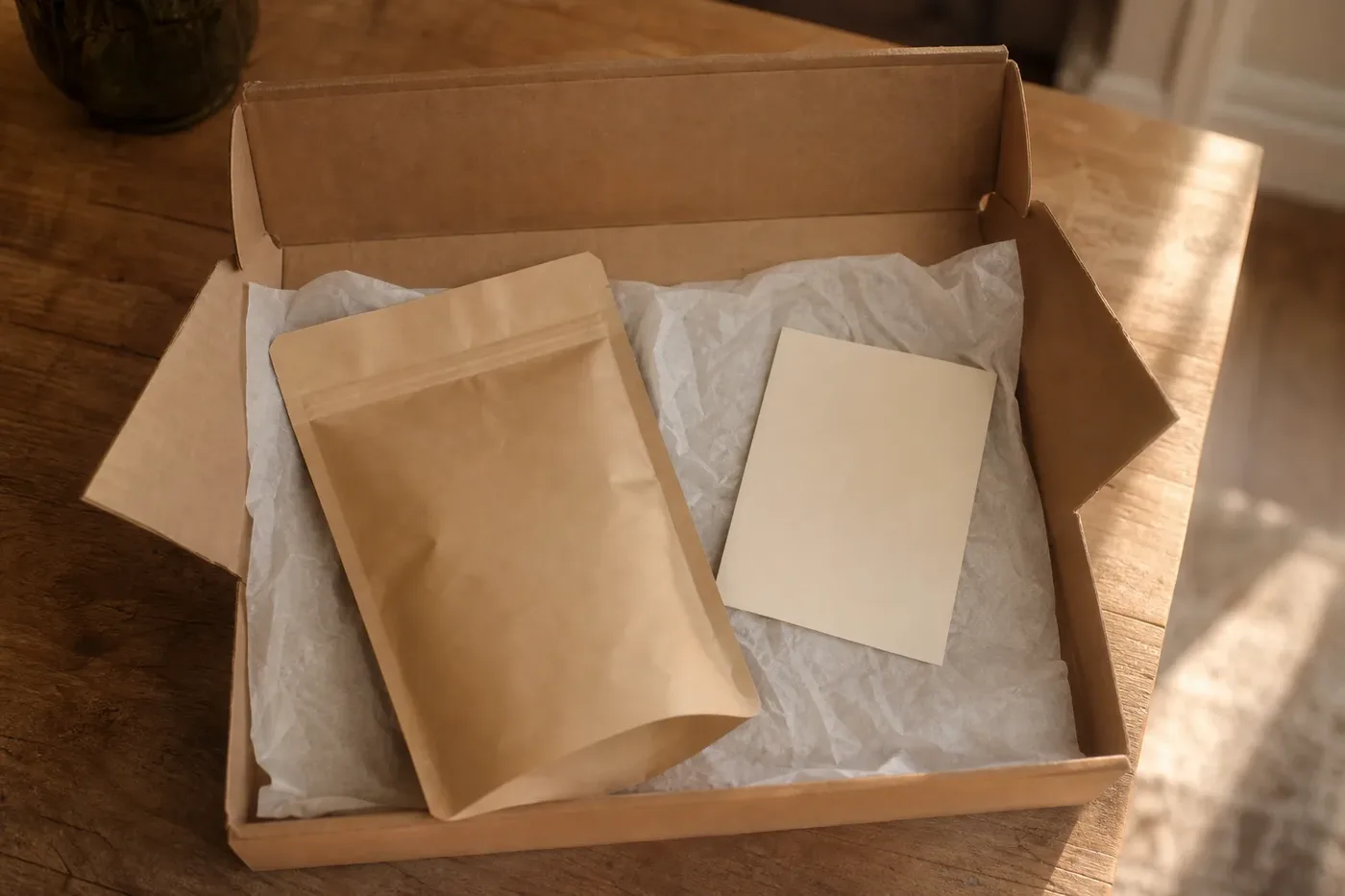 An open box holding a bag of coffee and a blank card on tissue paper